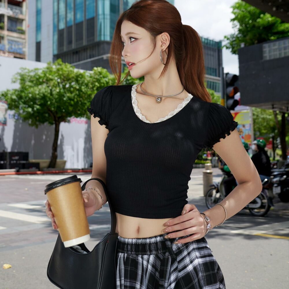 Black Lace Top & Plaid Skirt Set – Urban Fit